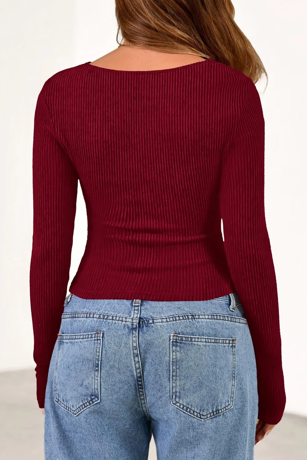 Cowl Neck Ribbed Slim Pullover — Wine Red — view 4