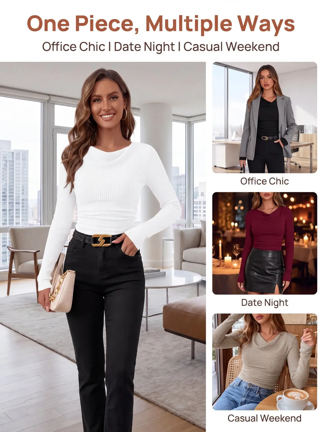Cowl Neck Ribbed Slim Pullover — view 5