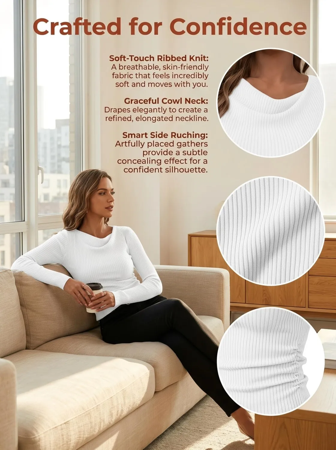 Cowl Neck Ribbed Slim Pullover — view 6