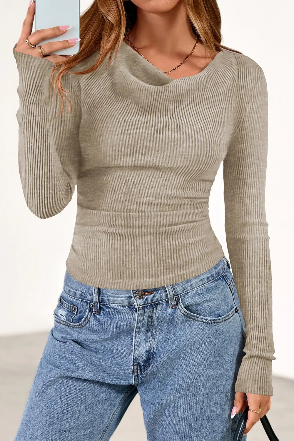 Cowl Neck Ribbed Slim Pullover — view 2