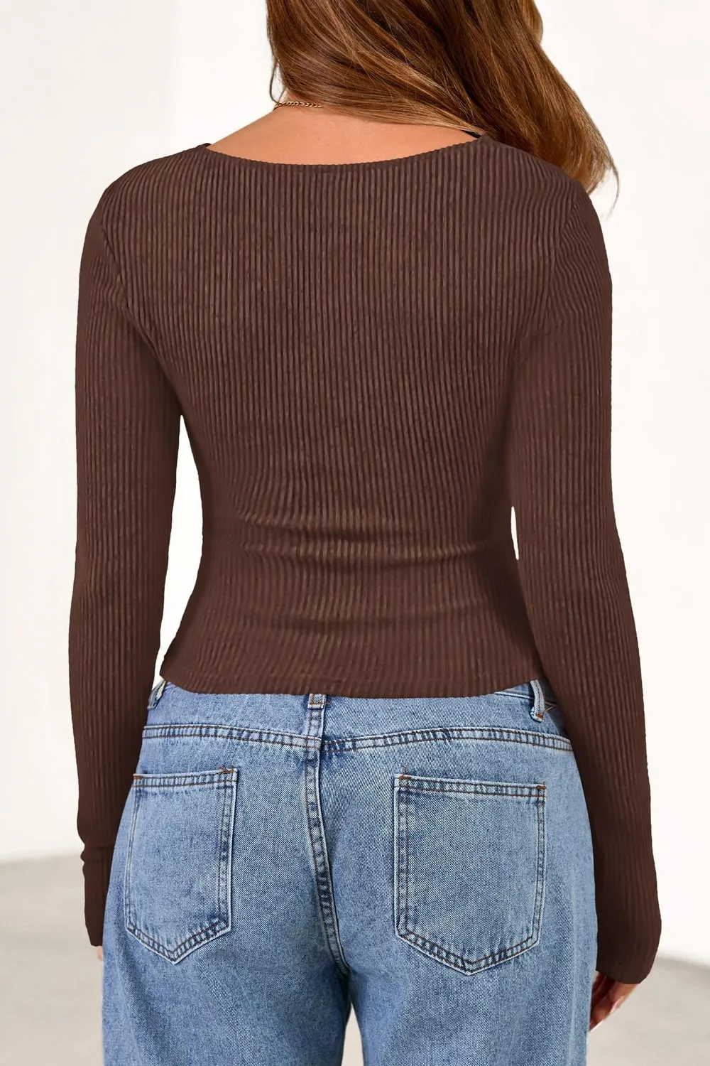 Cowl Neck Ribbed Slim Pullover — Coffee — view 4