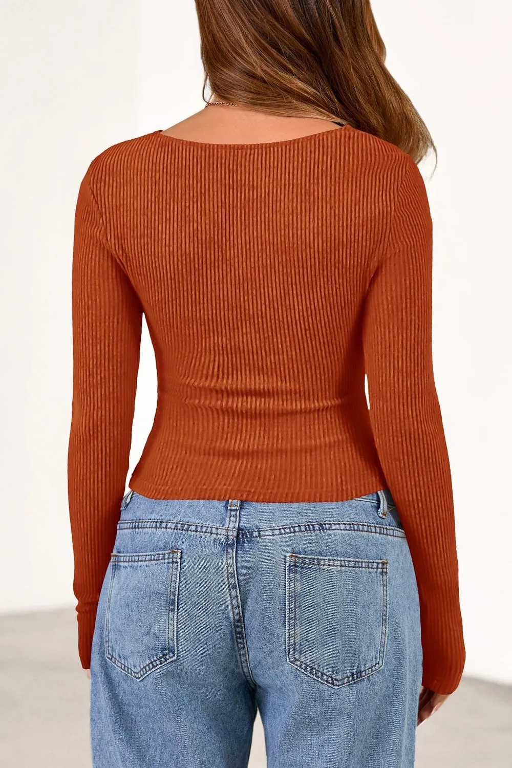 Cowl Neck Ribbed Slim Pullover — Orange Red — view 3