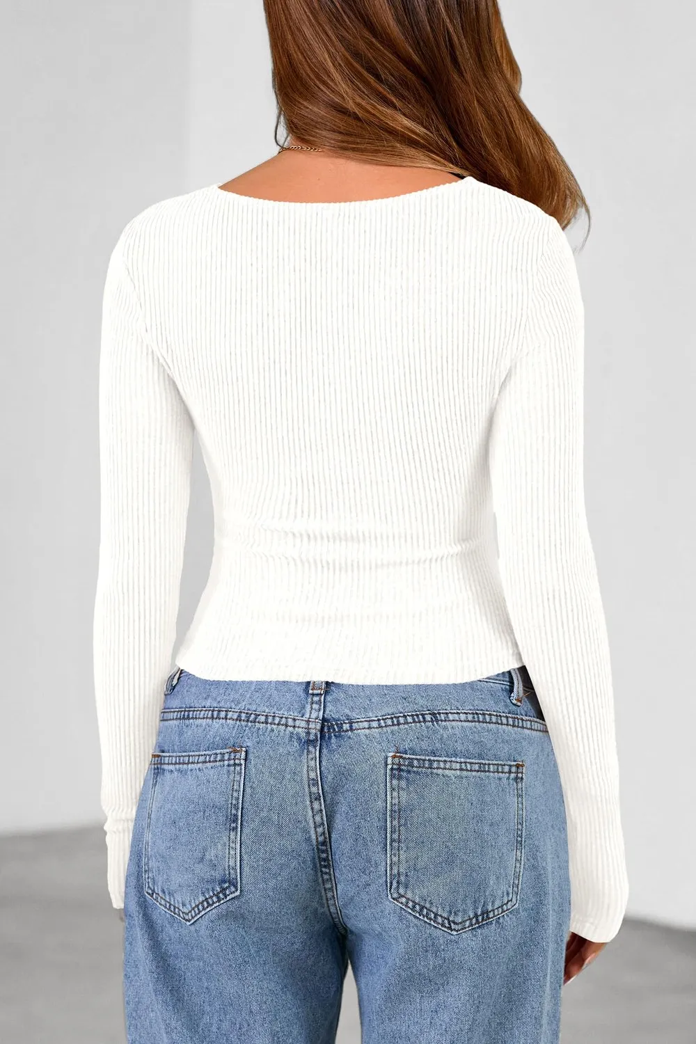 Cowl Neck Ribbed Slim Pullover — White — view 4