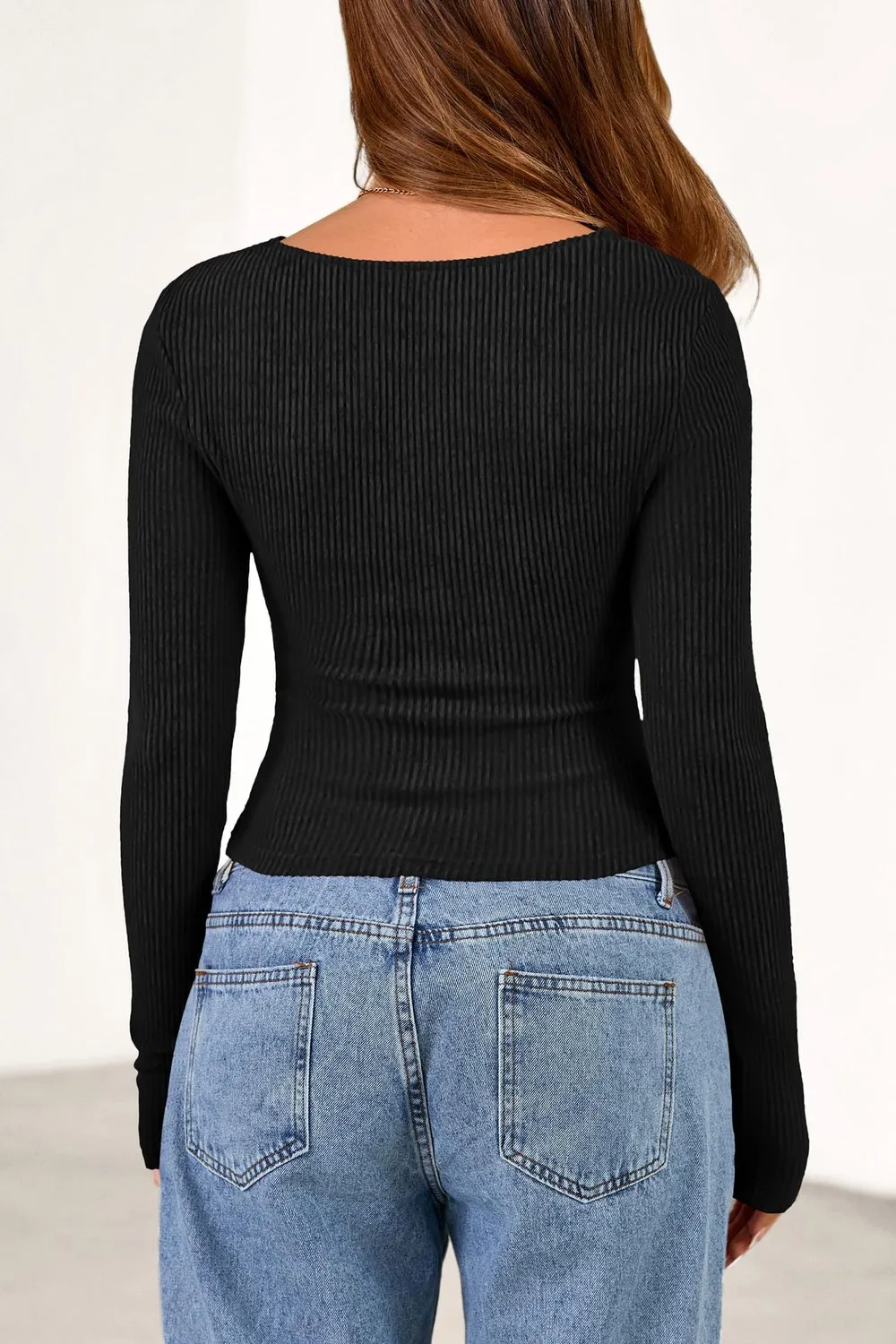 Cowl Neck Ribbed Slim Pullover — Black — view 4