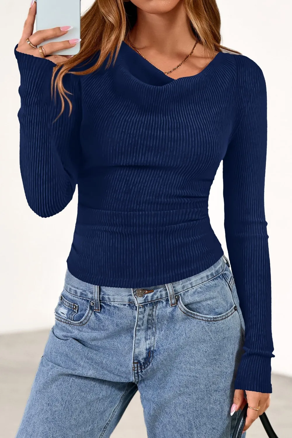 Cowl Neck Ribbed Slim Pullover — Navy — view 2