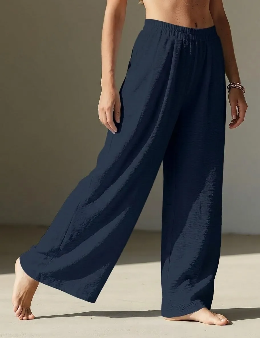 High Waist Wide Leg Palazzo Trousers — Navy — view 3