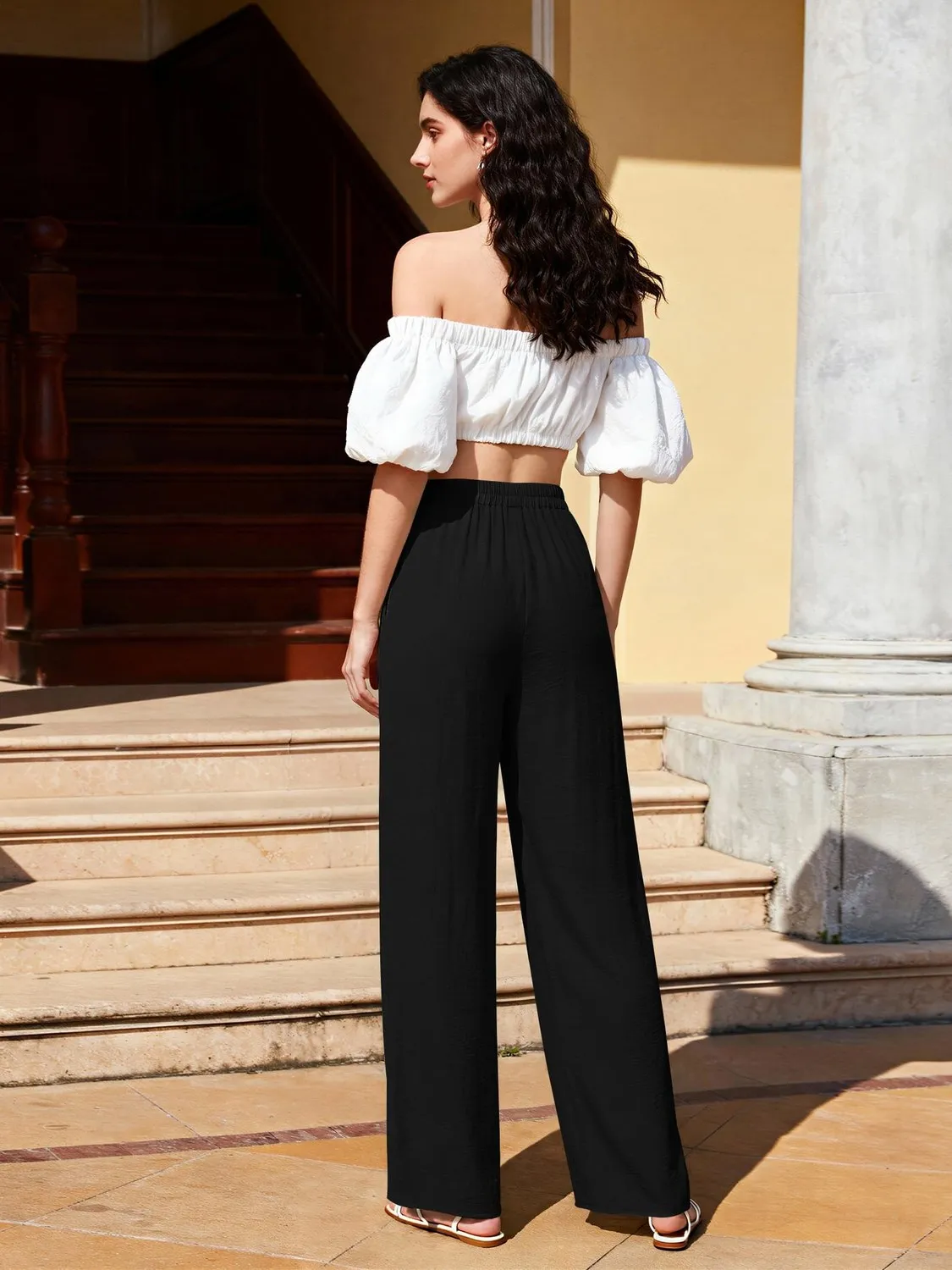 Pleated High Waist Wide Leg Trousers — Black — view 4
