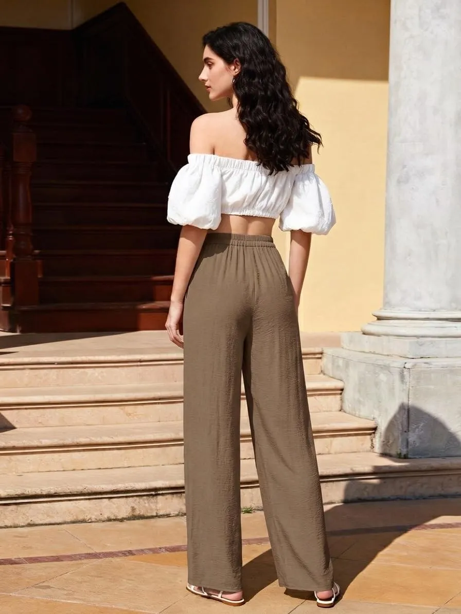 Pleated High Waist Wide Leg Trousers — Brown — view 4
