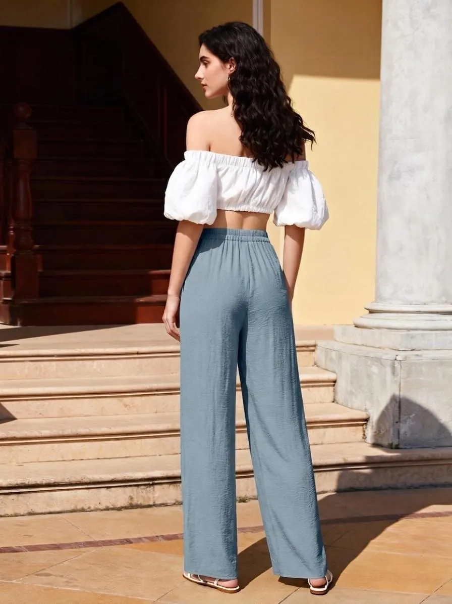 Pleated High Waist Wide Leg Trousers — Denim Blue — view 4