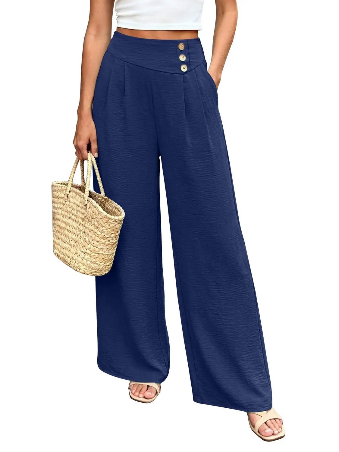 Pleated High Waist Wide Leg Trousers — Navy