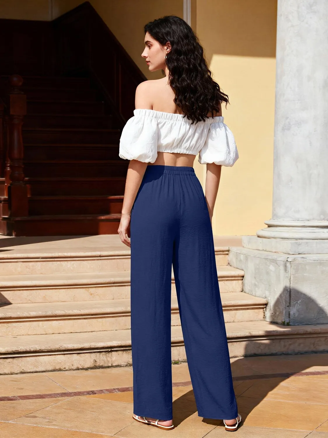 Pleated High Waist Wide Leg Trousers — Navy — view 4