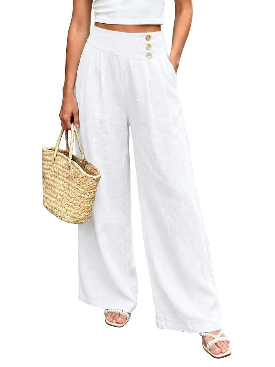 Pleated High Waist Wide Leg Trousers — White