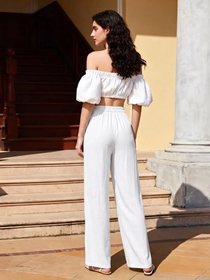 Pleated High Waist Wide Leg Trousers — White — view 4