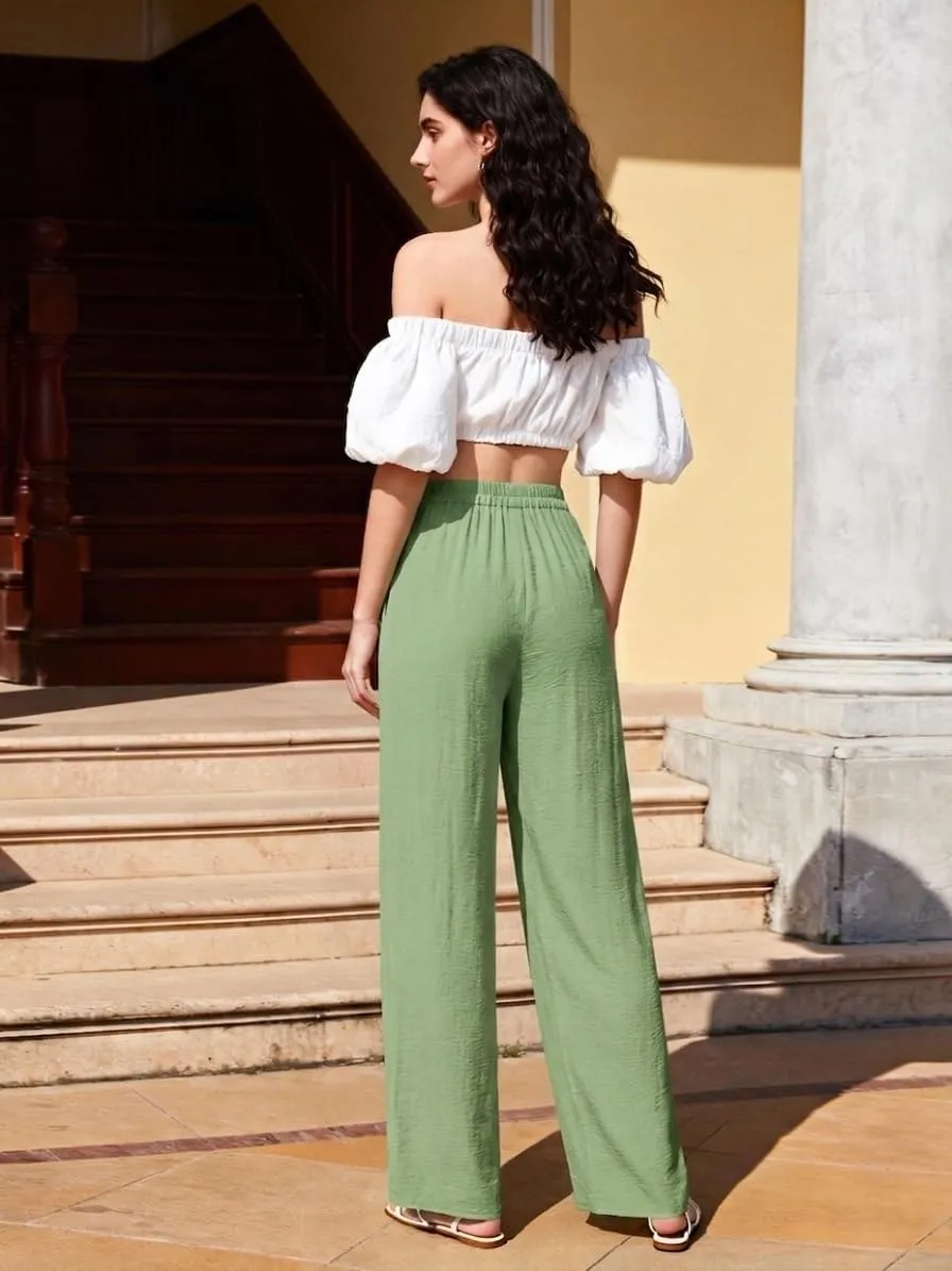 Pleated High Waist Wide Leg Trousers — Moss Green — view 4