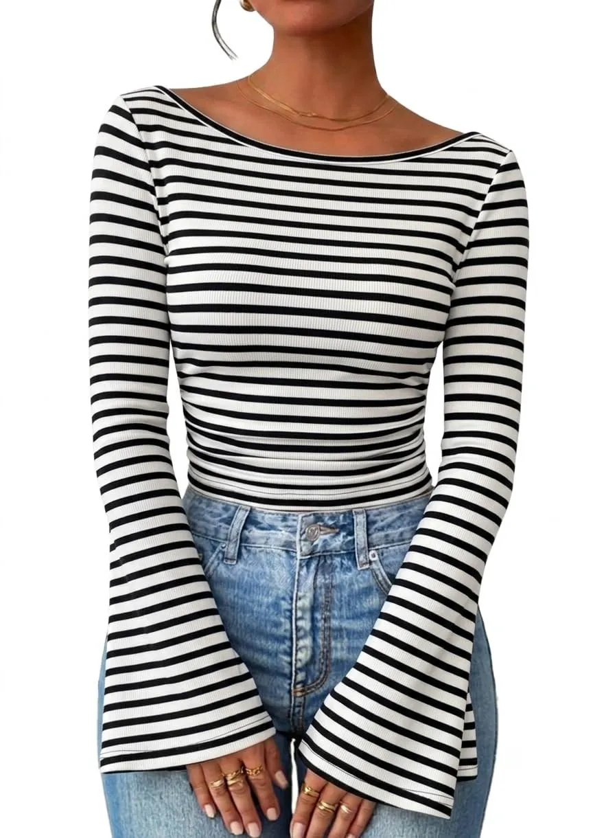 Boat Neck Ribbed Bell Sleeve Top — Black / White