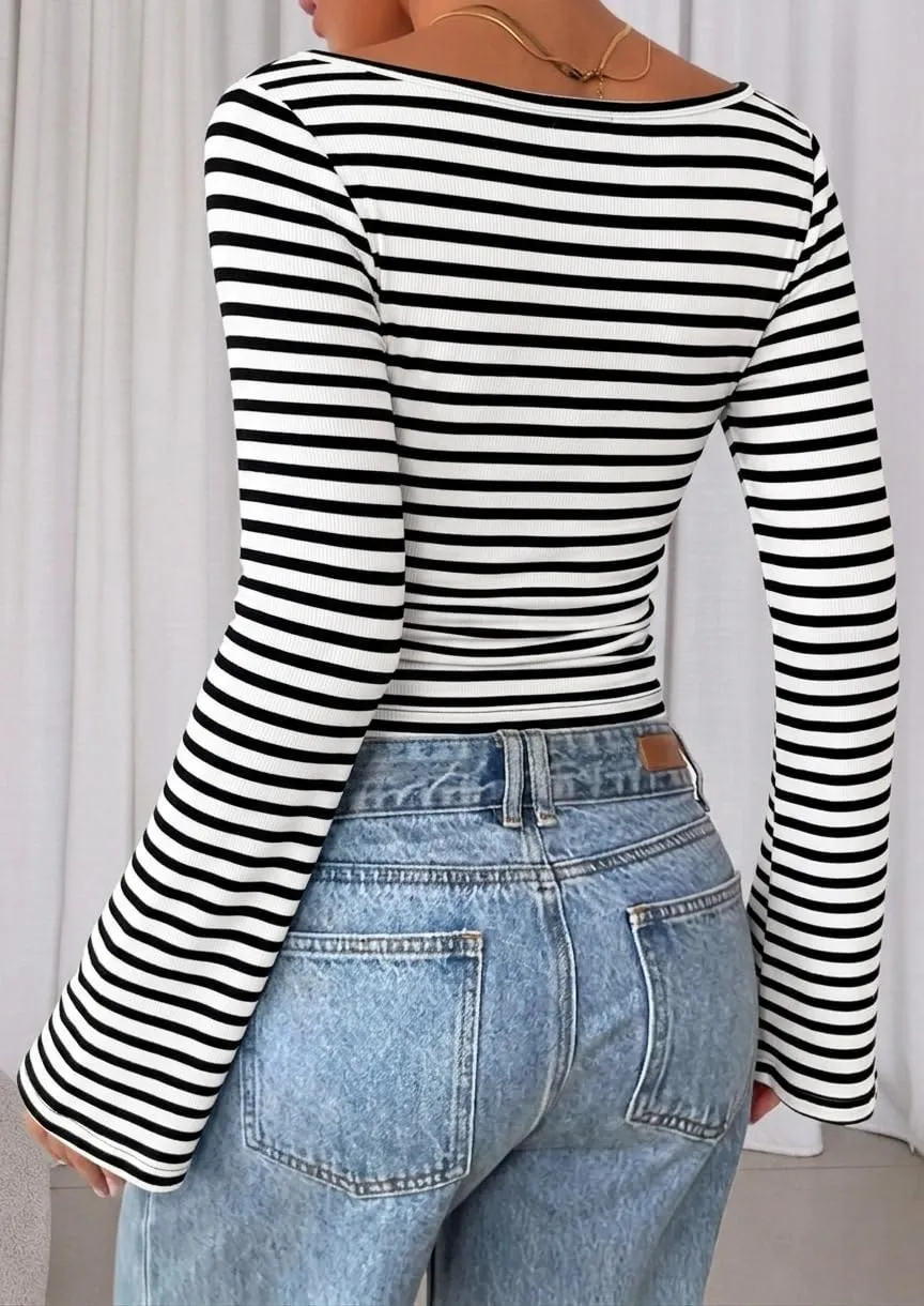 Boat Neck Ribbed Bell Sleeve Top — Black / White — view 3