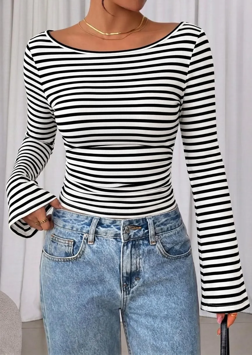Boat Neck Ribbed Bell Sleeve Top — Black / White — view 4
