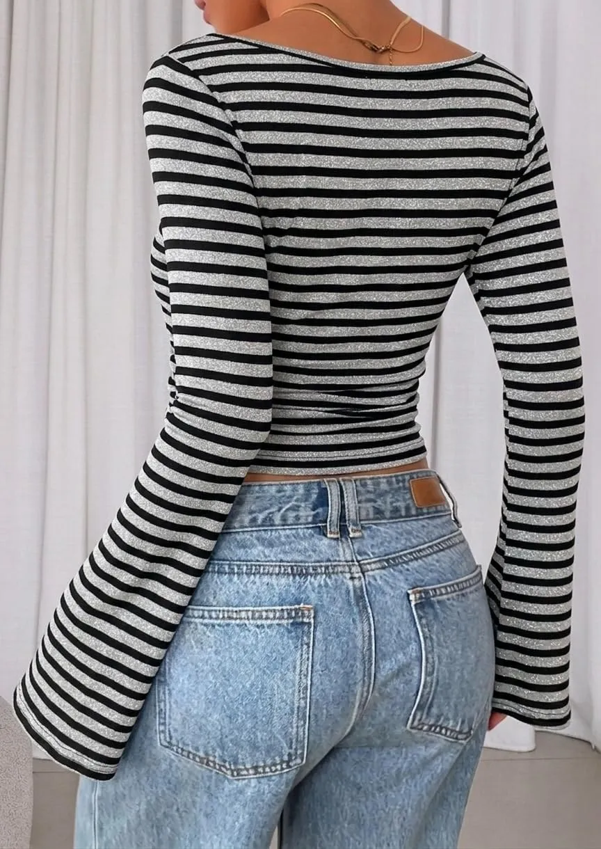 Boat Neck Ribbed Bell Sleeve Top — Black / Grey — view 3