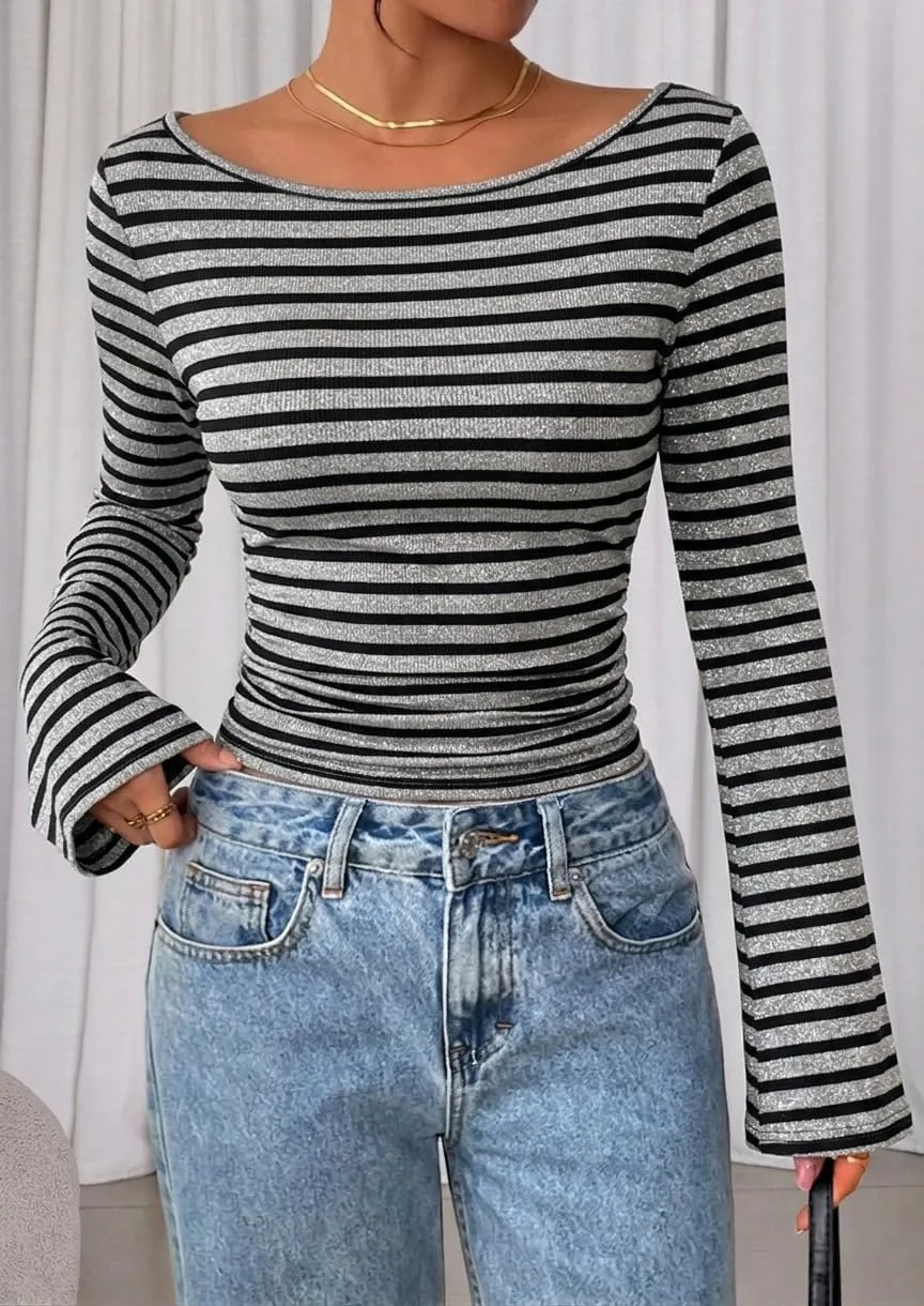 Boat Neck Ribbed Bell Sleeve Top — Black / Grey — view 4