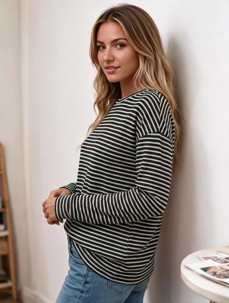Waffle Knit Striped Long Sleeve Tee — Black / White — view 3