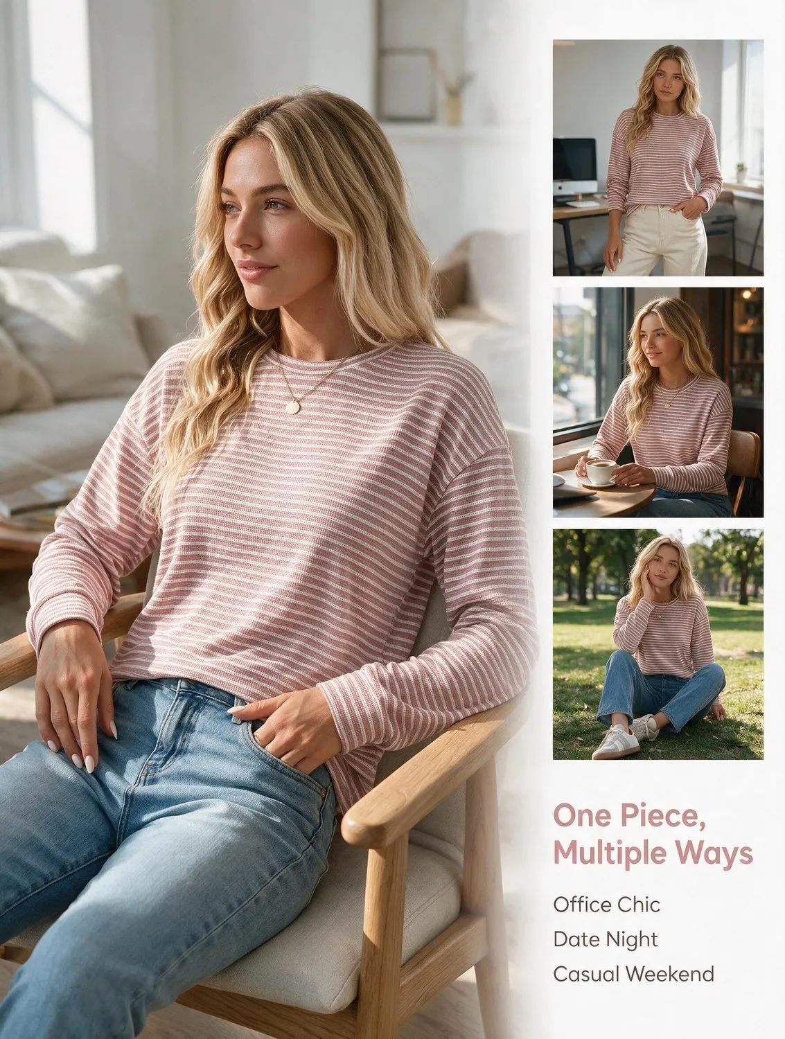 Waffle Knit Striped Long Sleeve Tee — view 5