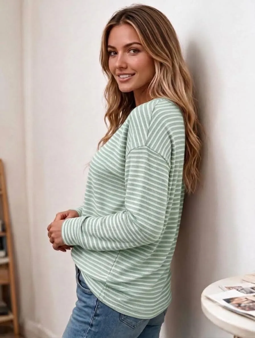 Waffle Knit Striped Long Sleeve Tee — Green / White — view 3