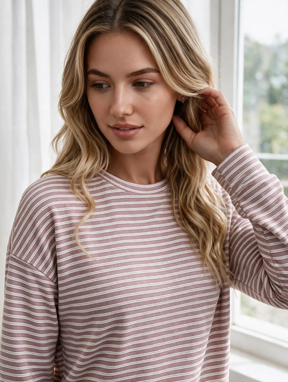Waffle Knit Striped Long Sleeve Tee — Pink / White — view 2