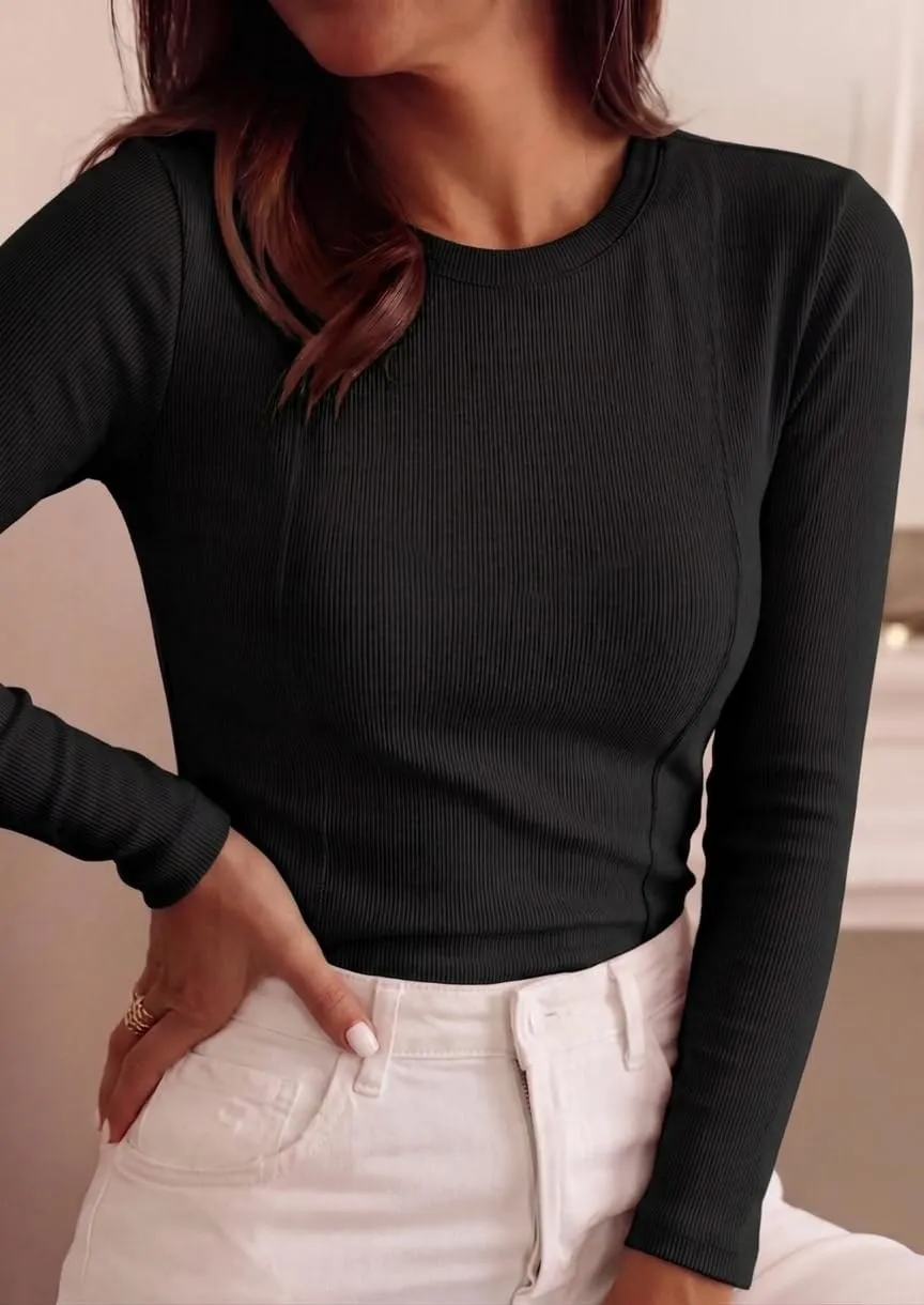Ribbed Crew Neck Long Sleeve Top — Black — view 2