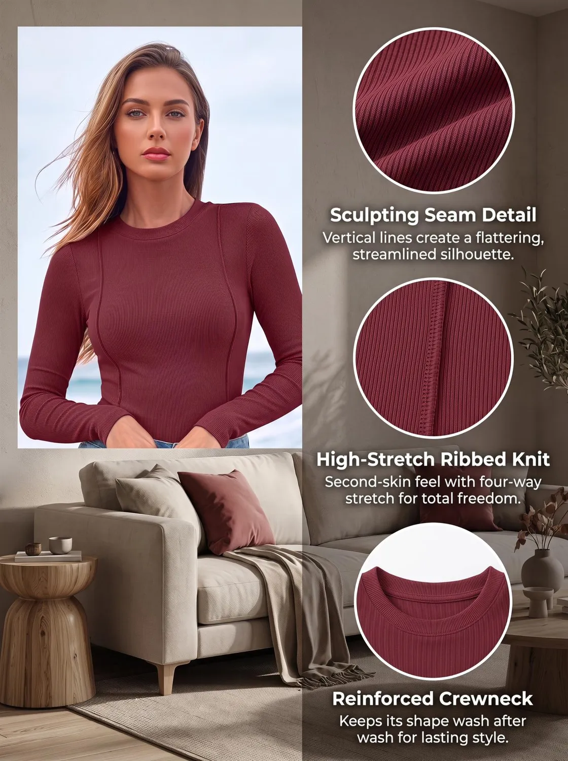 Ribbed Crew Neck Long Sleeve Top — view 6