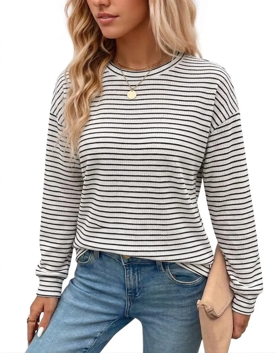 Waffle Knit Striped Long Sleeve Tee — White / Black