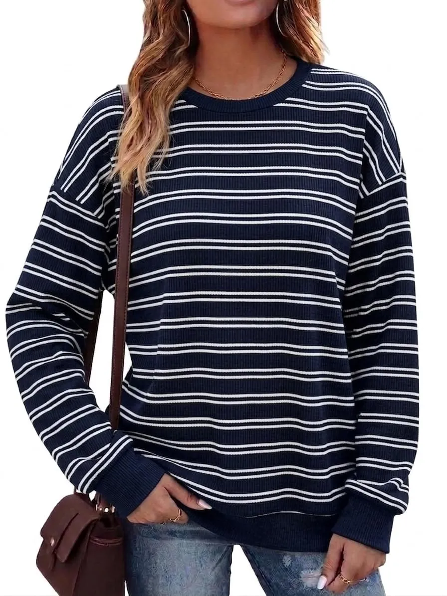 Striped Rib Knit Crew Neck Pullover — Royal Blue / White