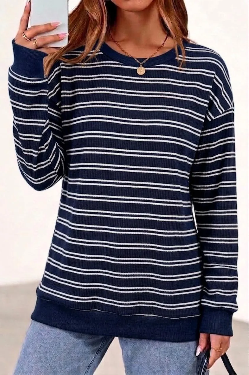 Striped Rib Knit Crew Neck Pullover — Royal Blue / White — view 2