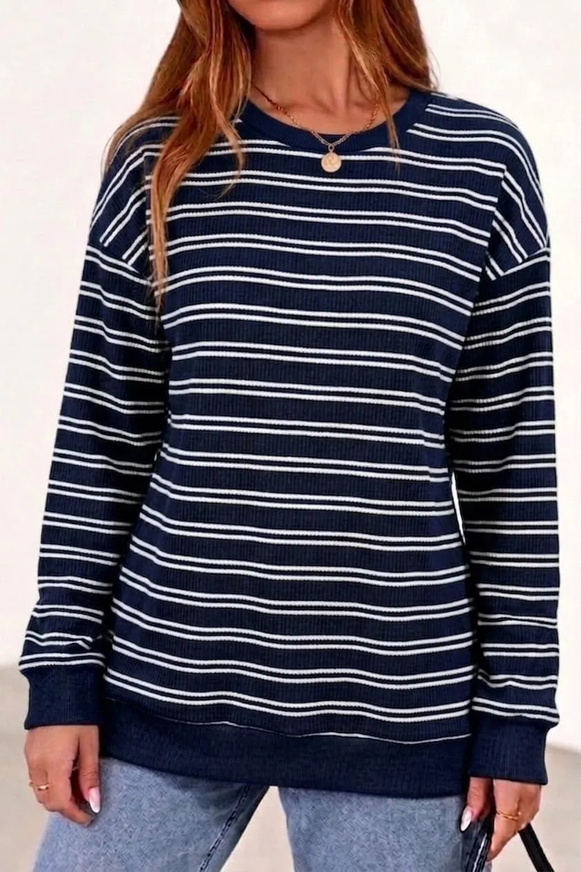 Striped Rib Knit Crew Neck Pullover — Royal Blue / White — view 3
