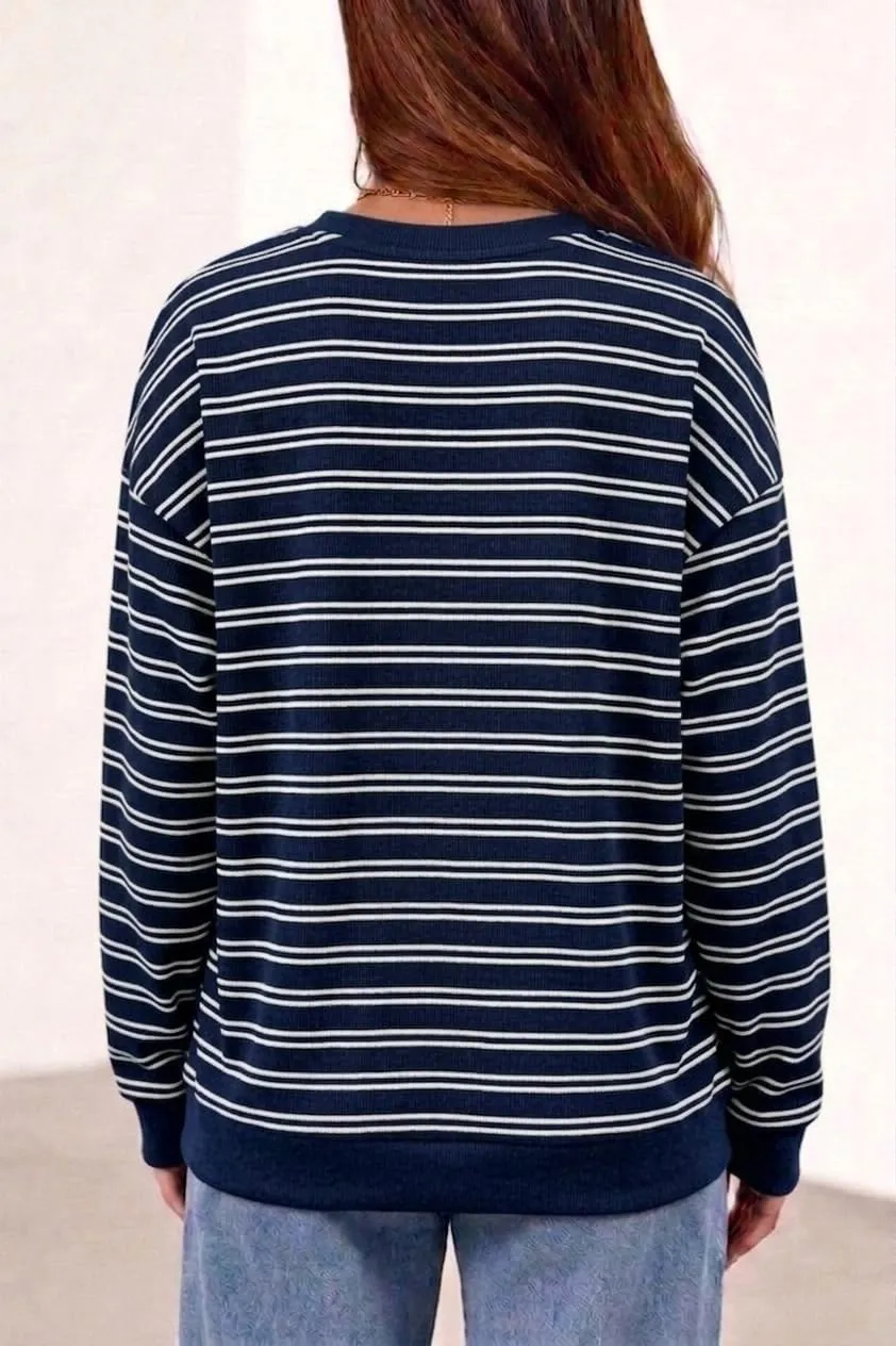 Striped Rib Knit Crew Neck Pullover — Royal Blue / White — view 4