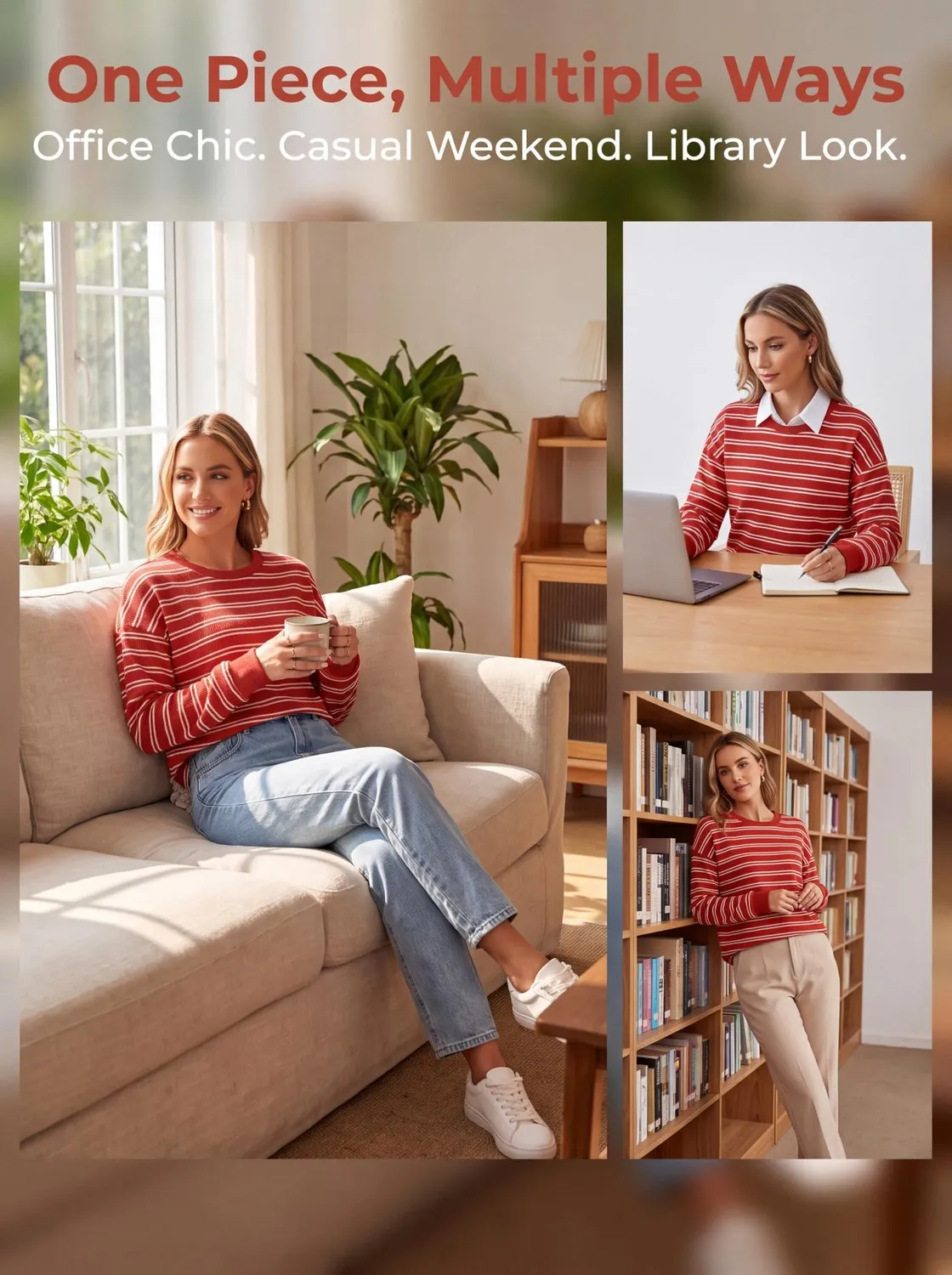 Striped Rib Knit Crew Neck Pullover — view 5