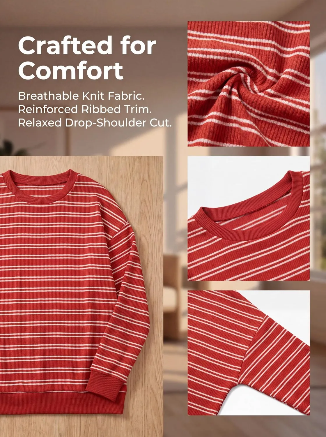 Striped Rib Knit Crew Neck Pullover — view 6