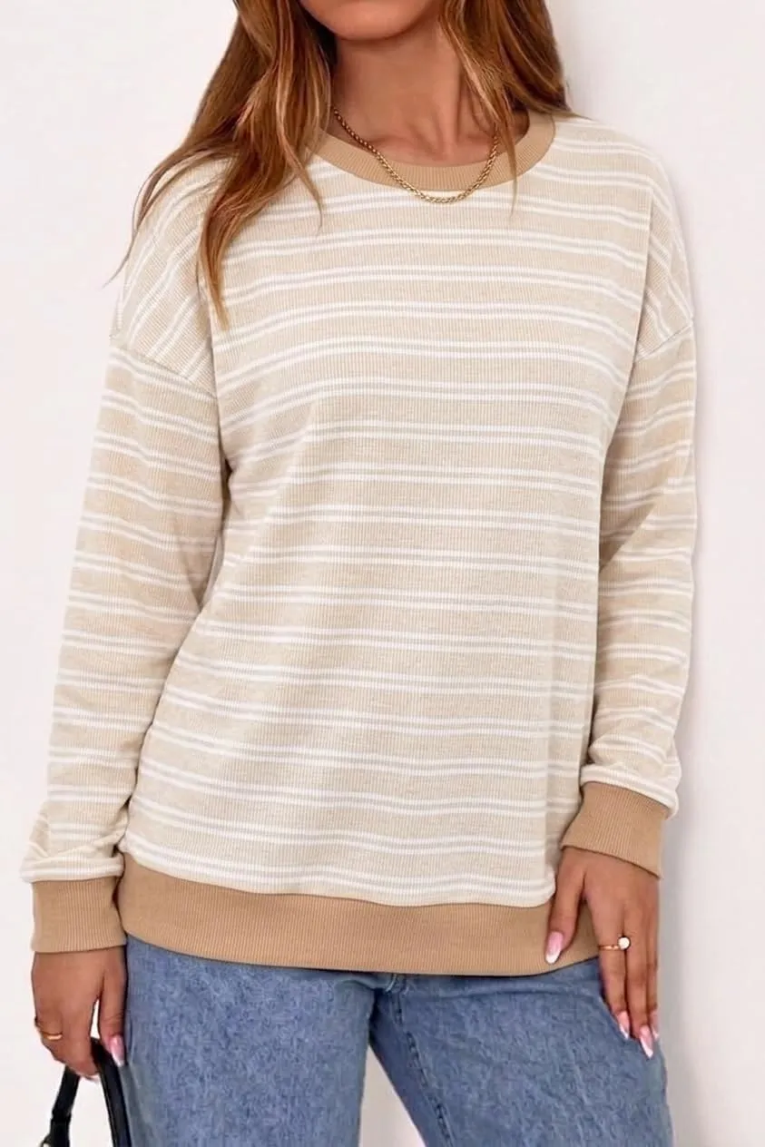 Striped Rib Knit Crew Neck Pullover — Beige / White — view 2