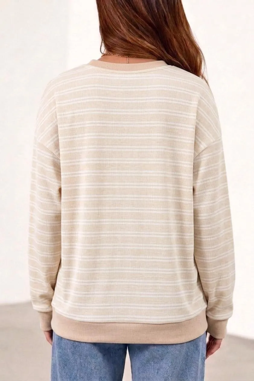 Striped Rib Knit Crew Neck Pullover — Beige / White — view 3