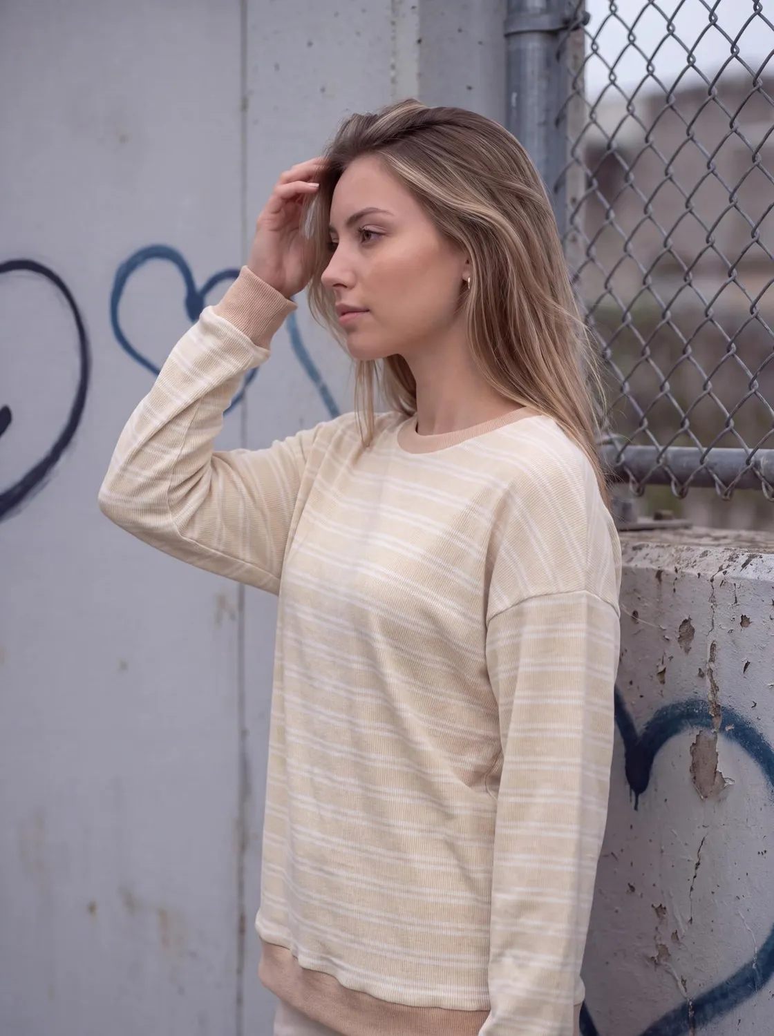 Striped Rib Knit Crew Neck Pullover — Beige / White — view 4