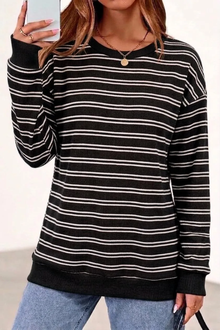 Striped Rib Knit Crew Neck Pullover — Black / White — view 2