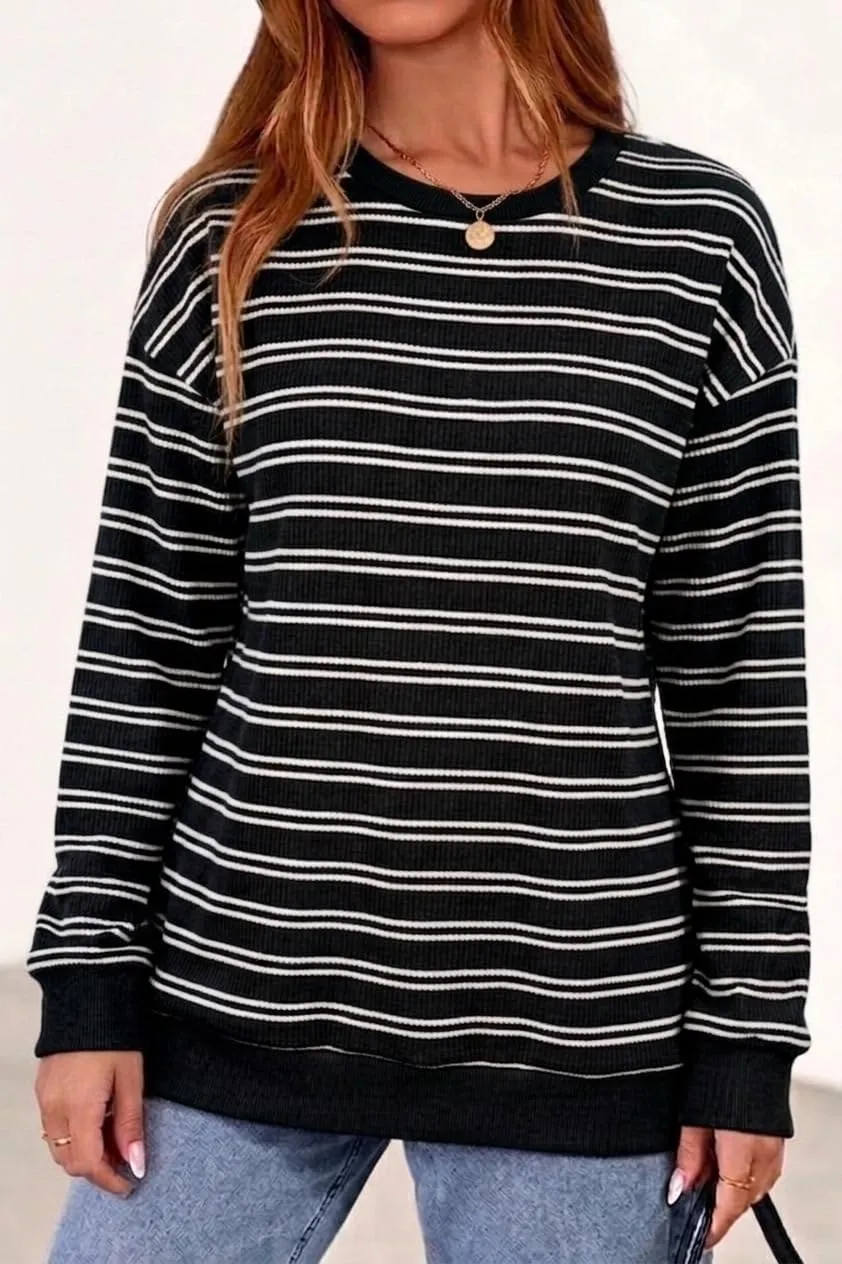 Striped Rib Knit Crew Neck Pullover — Black / White — view 3
