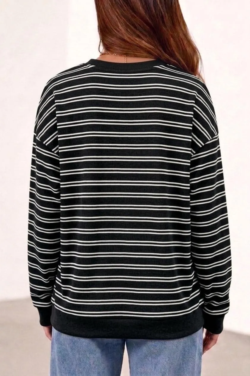 Striped Rib Knit Crew Neck Pullover — Black / White — view 4