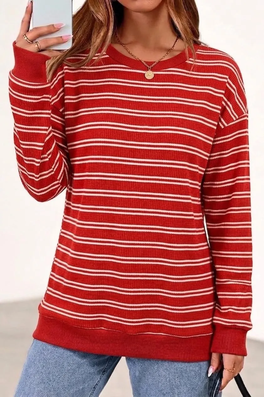 Striped Rib Knit Crew Neck Pullover — Red / White — view 2