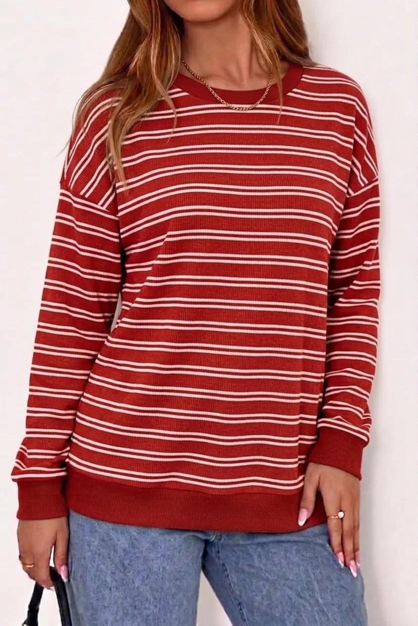 Striped Rib Knit Crew Neck Pullover — Red / White — view 3