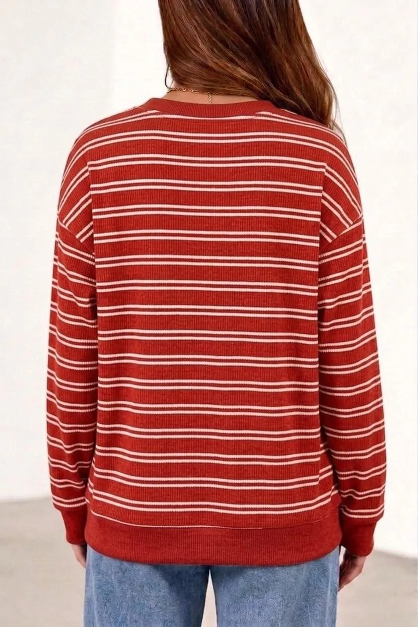 Striped Rib Knit Crew Neck Pullover — Red / White — view 4