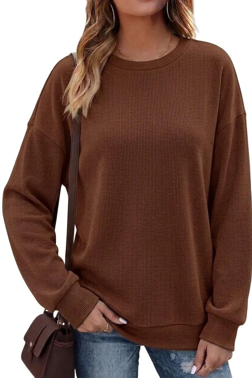 Rib Knit Crew Neck Pullover — Yellow Brown