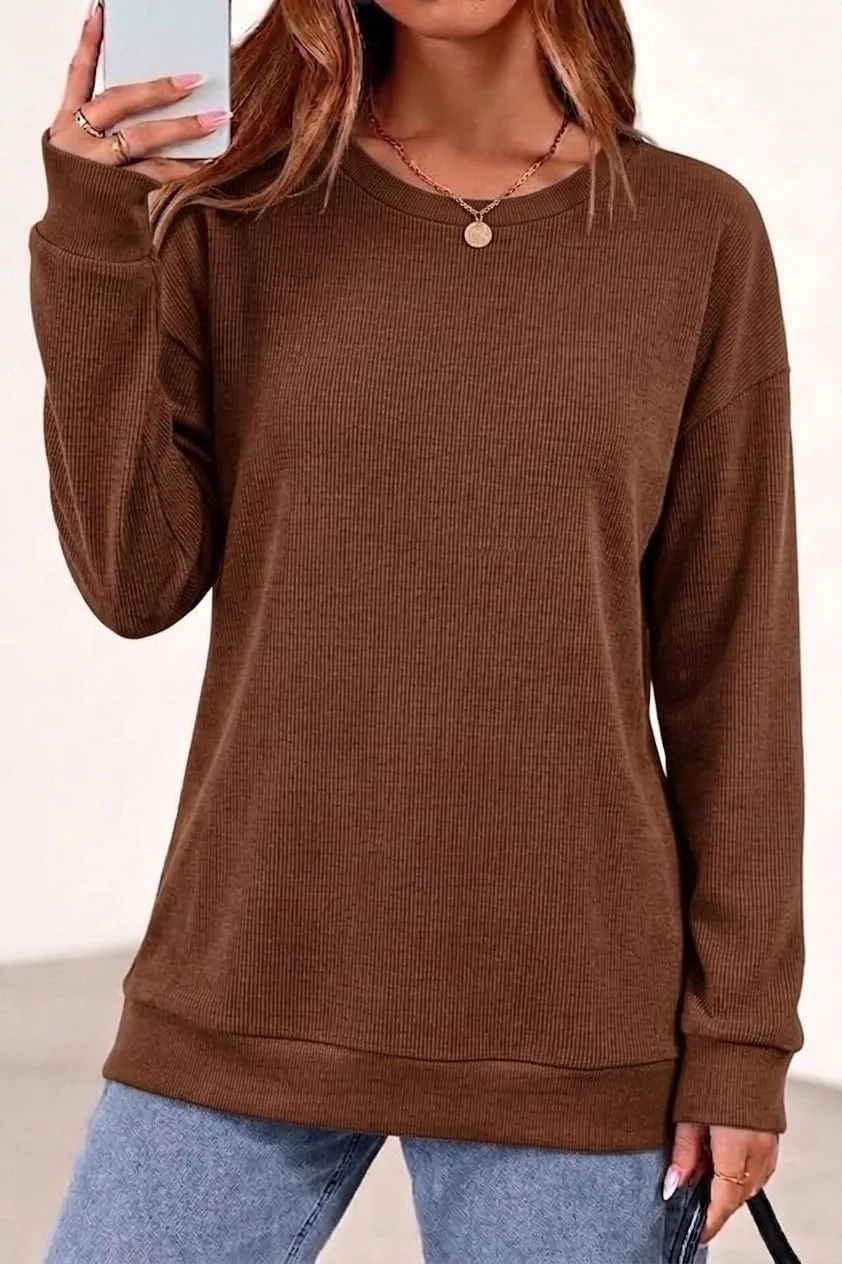 Rib Knit Crew Neck Pullover — Yellow Brown — view 2