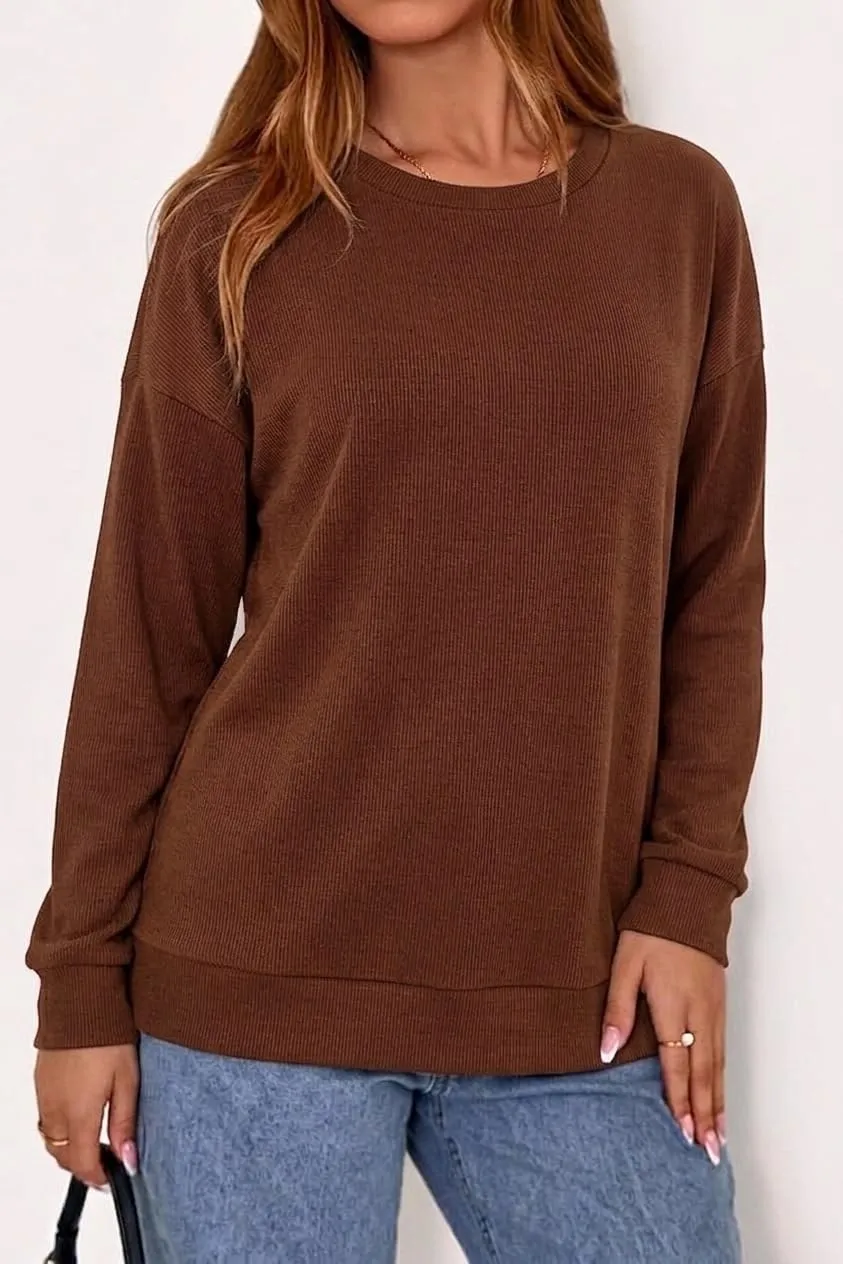 Rib Knit Crew Neck Pullover — Yellow Brown — view 3
