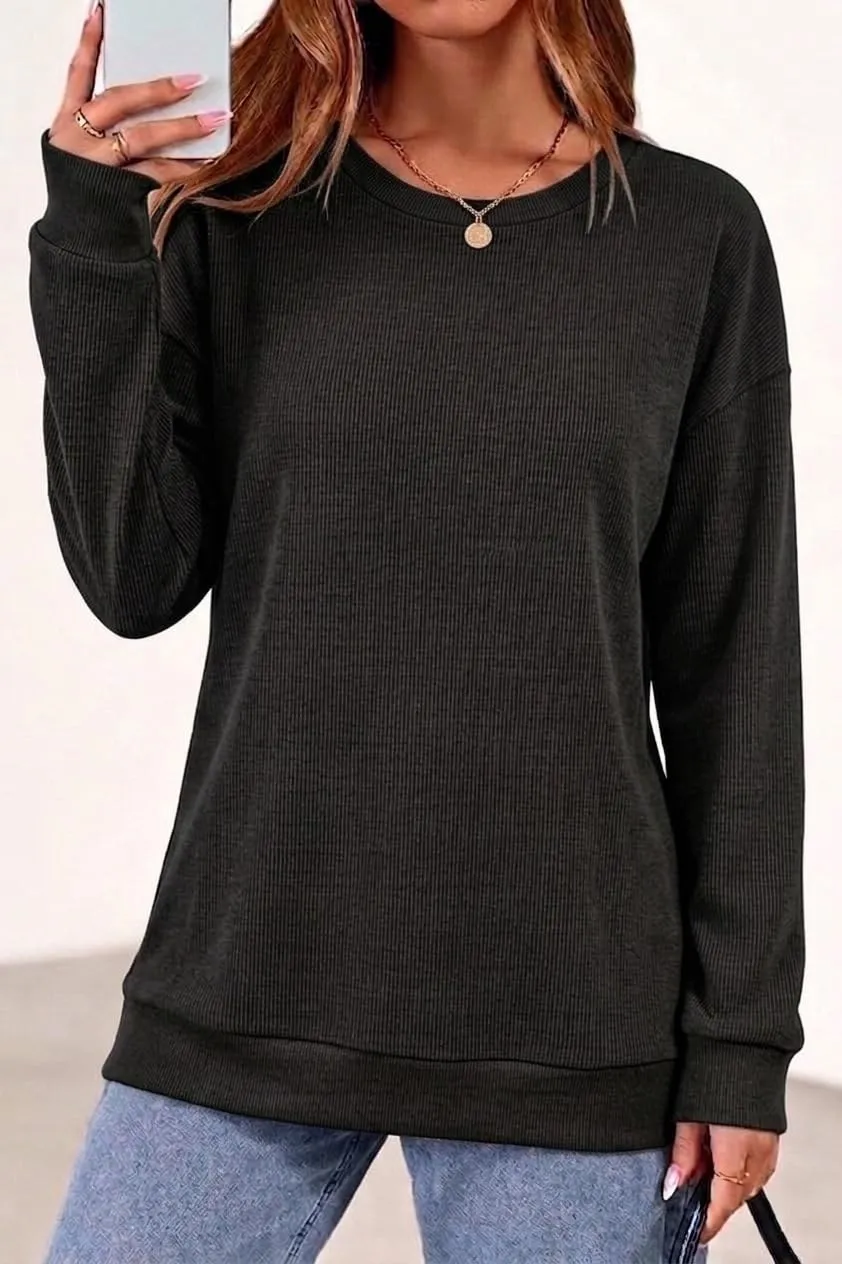 Rib Knit Crew Neck Pullover — Black — view 2