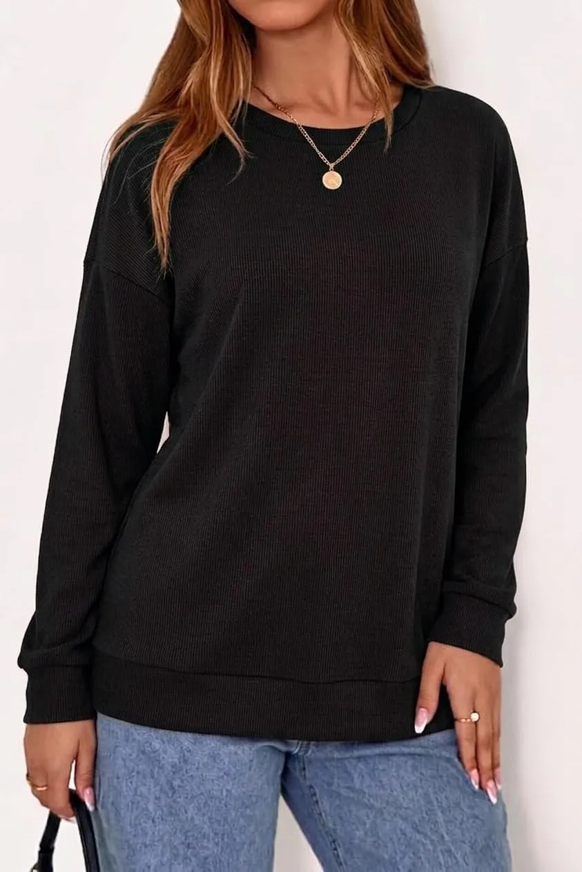 Rib Knit Crew Neck Pullover — Black — view 3
